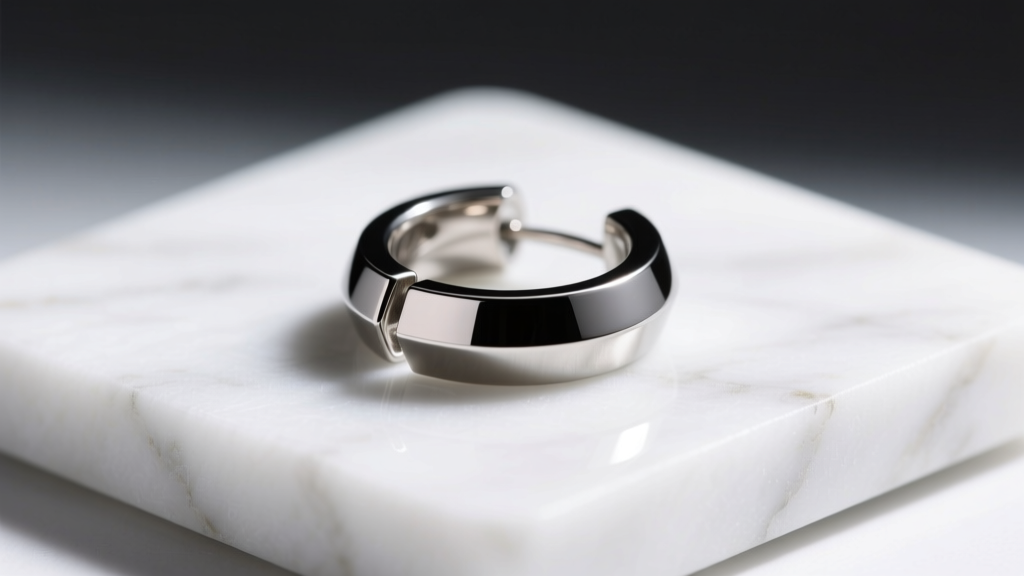 Macro photography of an 18-gauge implant-grade titanium segment ring earring displaying its seamless closure on white marble