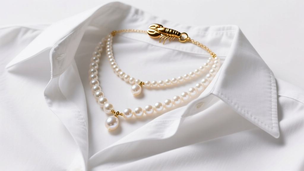 Flat-lay photo showing three pearl necklace drop lengths layered over a white button-down shirt with visible gold lobster clasps.