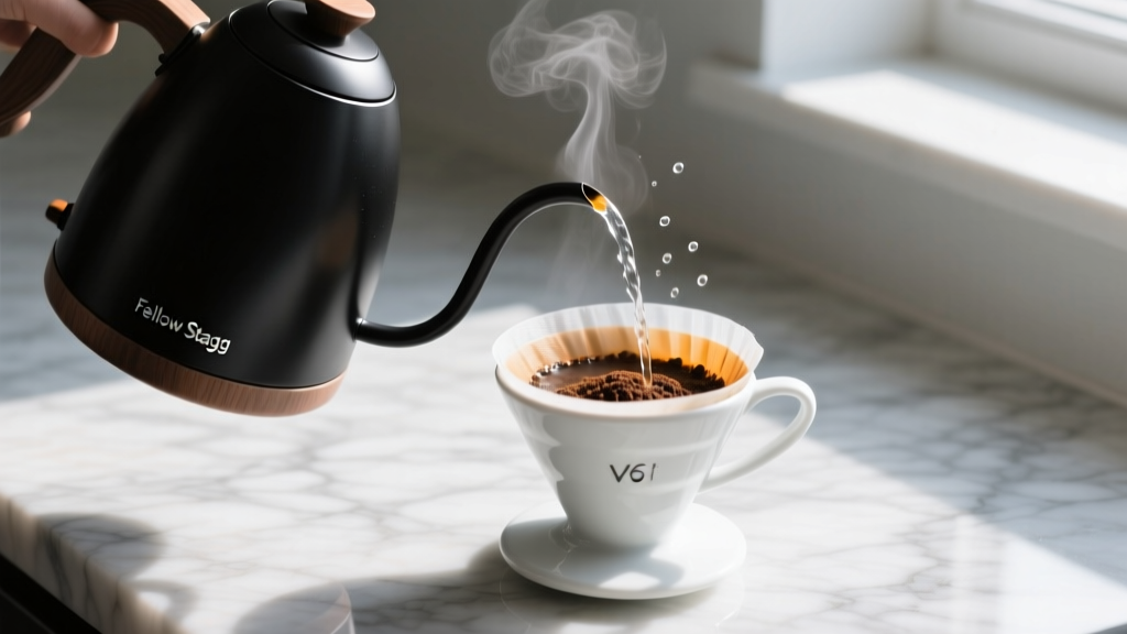 Close-up of matte black Fellow Stagg EKG electric kettle pouring hot water over coffee grounds in a ceramic V60 dripper on a marble countertop