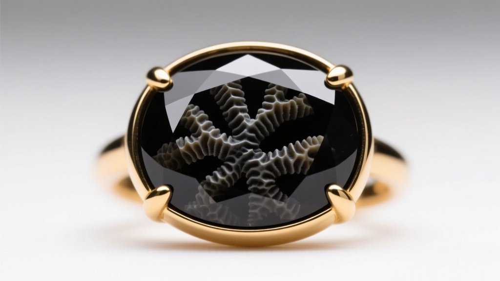 Macro shot of polished black coral cabochon in 18k gold bezel, showing organic growth rings and deep luster under studio light.