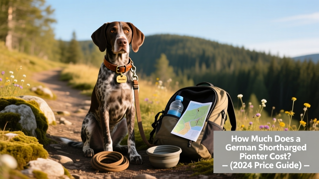 German Shorthaired Pointer sitting attentively beside a hiking trail with leash, collar, and backpack gear visible