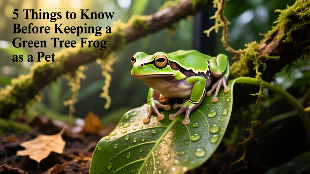A vibrant green tree frog clinging to a broad leaf in a lush, humid terrarium setting