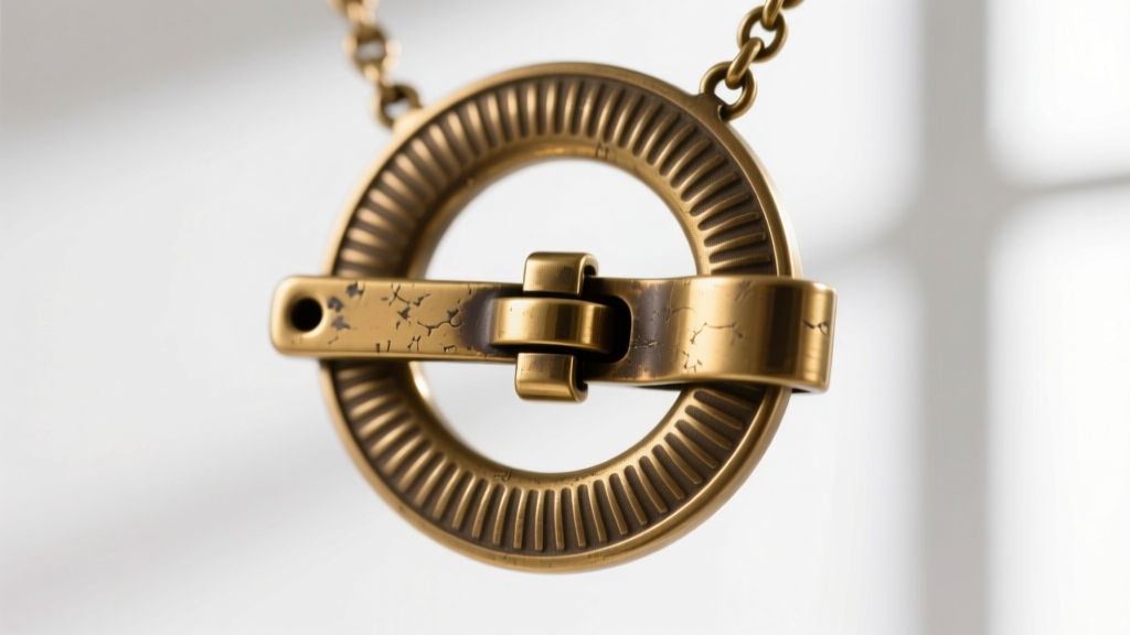 Macro shot of a heavy brass toggle clasp on a Y2K necklace, showing the T-bar inserting into a textured circular ring mechanism