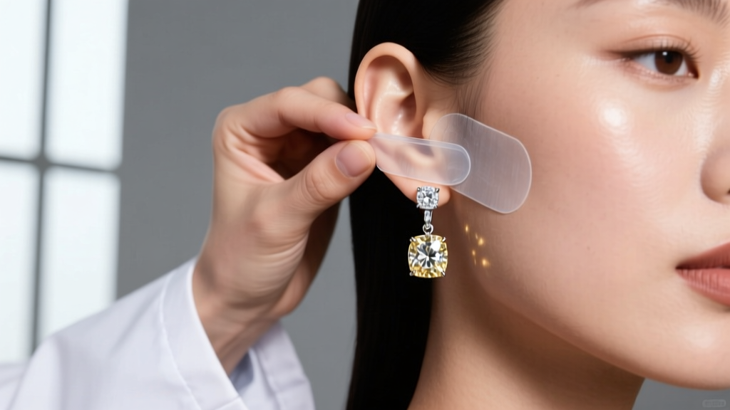 Jeweler applying a transparent adhesive lobe patch behind an earlobe to stabilize a heavy three-carat dangle diamond earring
