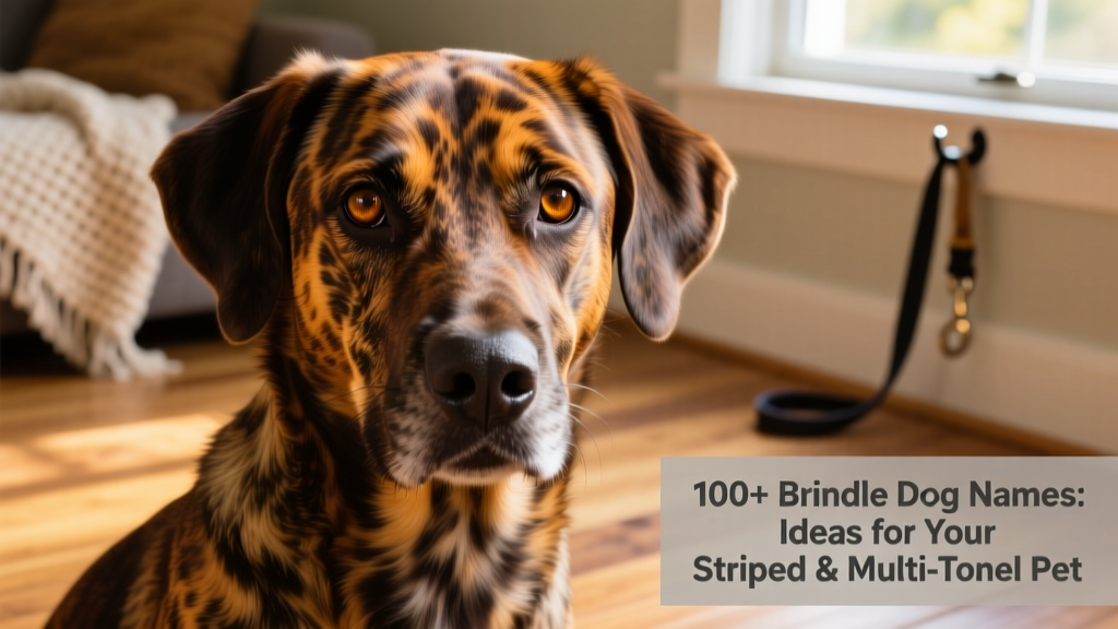 A close-up portrait of a brindle dog with warm, swirling coat patterns and expressive eyes