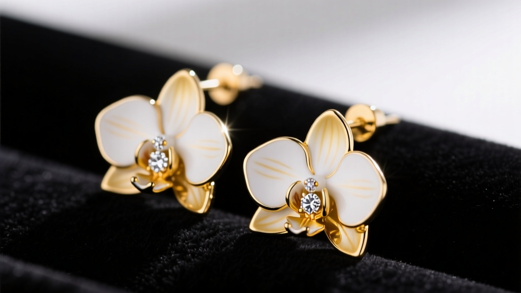 Close-up of 14k gold orchid drop earrings with white enamel petals and diamond center resting on dark velvet in soft light