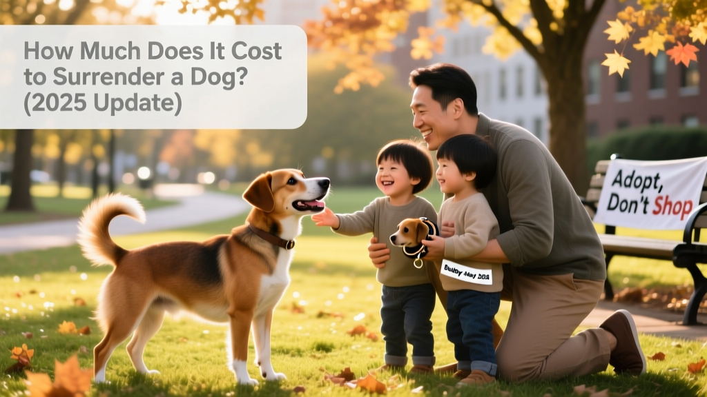 A heartwarming photo of a newly adopted dog meeting their new family in a park, tails wagging