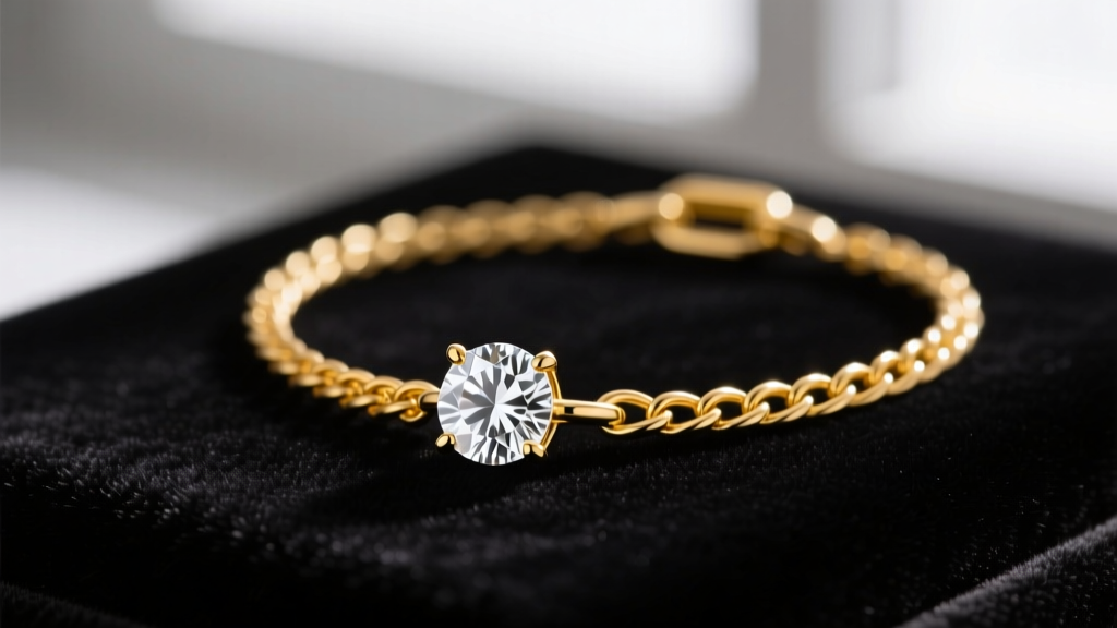 Close-up of a 14k yellow gold cable chain threaded through a diamond solitaire pendant bail, resting on a dark velvet display.