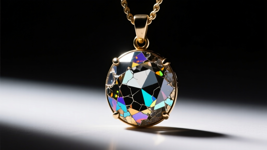 Macro view of a vintage pendant showing foil-back rhinestone degradation, called rhine rot, under bright focused studio lights.