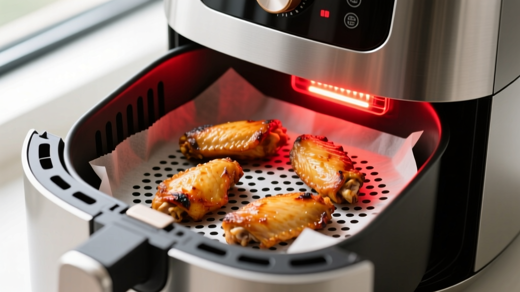 Perforated parchment liner inside an air fryer basket with a glowing red heating element visible just above the chicken wings.