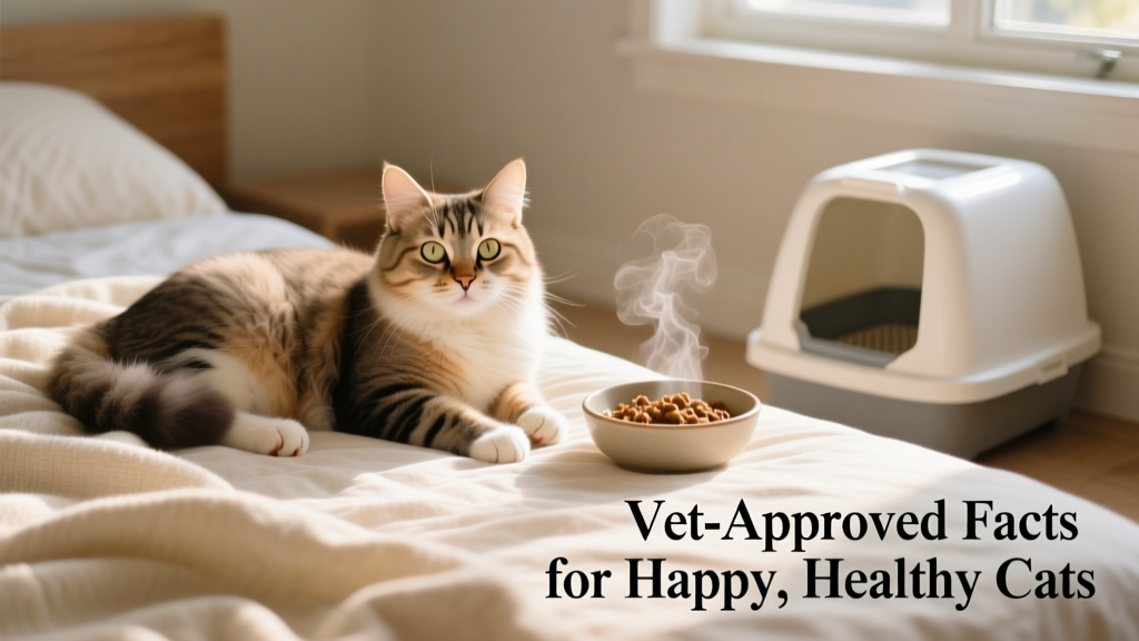 Happy cat lounging on a cozy bed beside a clean litter box and bowl of wet food, symbolizing preventive care