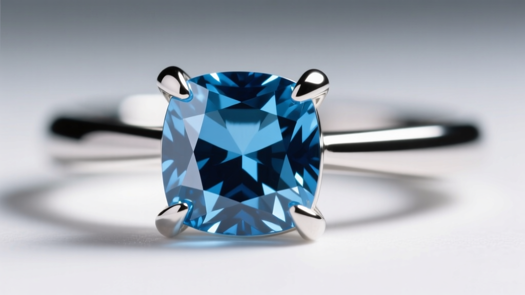Macro photography of a platinum prong setting securing a cushion-cut blue topaz, highlighting the thick, polished metal prongs.
