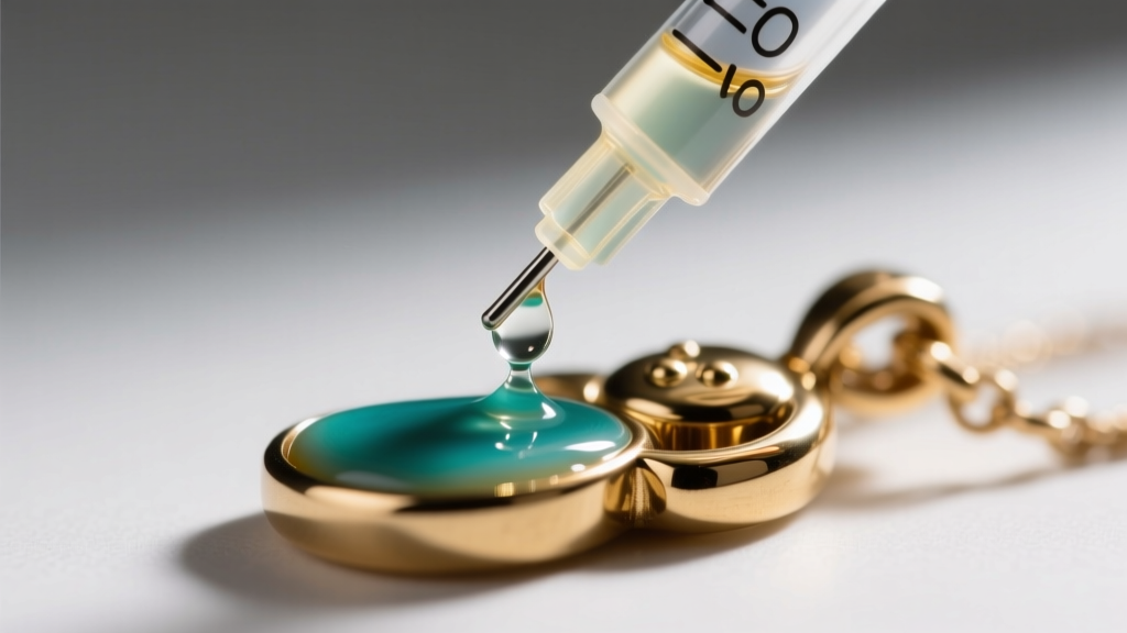 Macro shot of soft enamel being injected into recessed cavities of a brass character pendant using a fine-tipped glass syringe