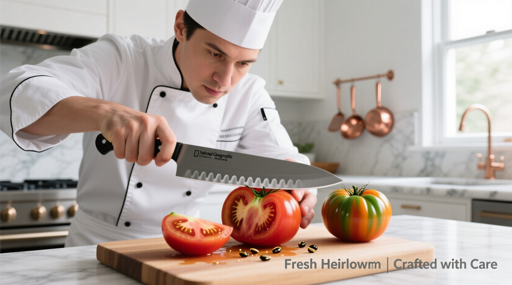 Professional chef using serrated tomato knife on ripe heirloom tomatoes