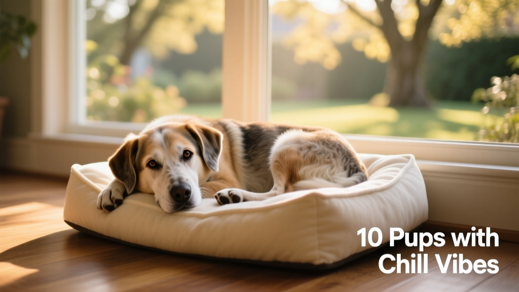 A gentle-eyed senior mixed-breed dog curled up on a cozy dog bed beside a window with soft light