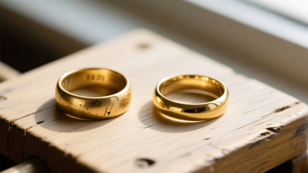 Side-by-side view of a worn 14-karat gold ring and a slightly bent 24-karat pure gold band resting on a wooden jeweler