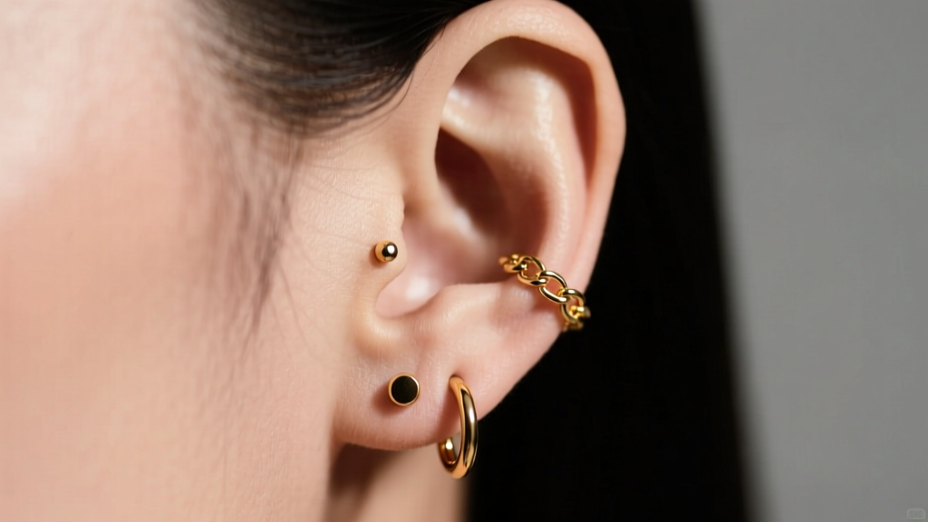 Close-up of an earlobe with 20-gauge gold chain earrings linking a stud and hoop in a double piercing, lit by soft studio lighting.