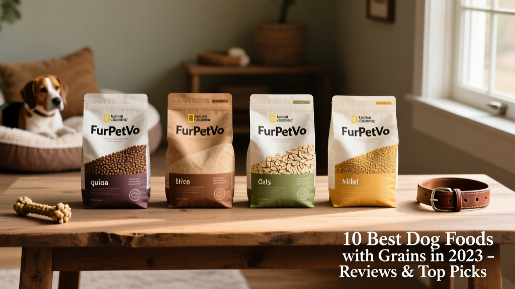 Side-by-side comparison of four kibble bags labeled FurPetVo, each highlighting different grain sources like quinoa, brown rice, oats, and millet