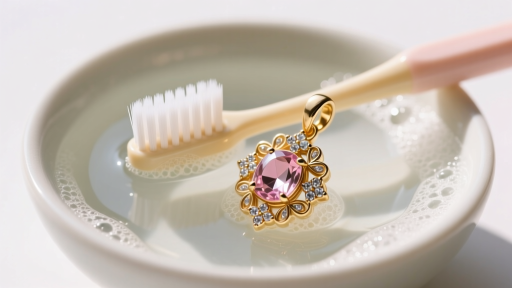 Soft-bristled baby toothbrush gently scrubbing a 14k gold vermeil family birthstone pendant in a bowl of mild soapy water