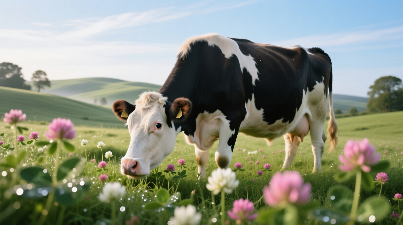 Dairy cow grazing in clover-rich pasture field