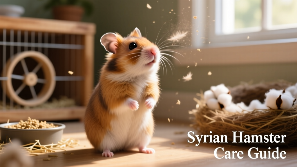 A healthy adult Syrian hamster sitting upright on its hind legs, sniffing the air with alert expression