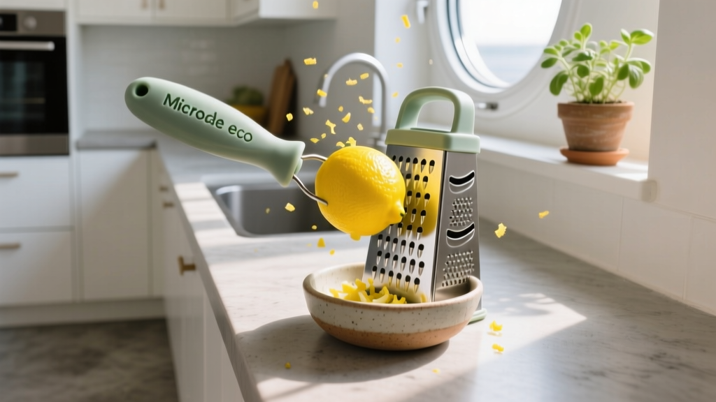 A Microplane eco-grater with a recycled ocean plastic handle zesting a lemon over a small ceramic prep bowl in a compact galley kitchen