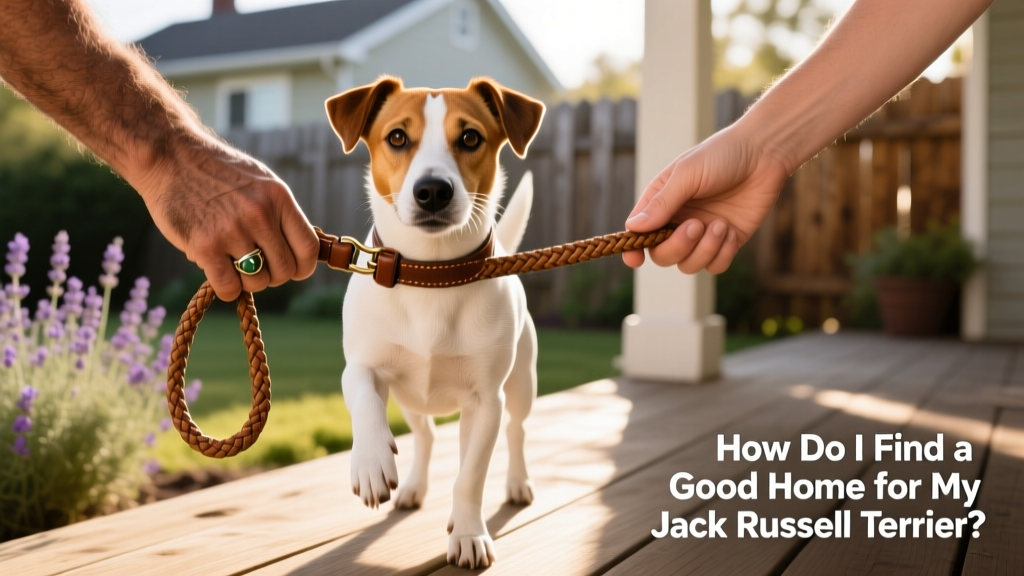 Two hands gently holding a leash attached to a calm, attentive Jack Russell Terrier, symbolizing responsible transition and care