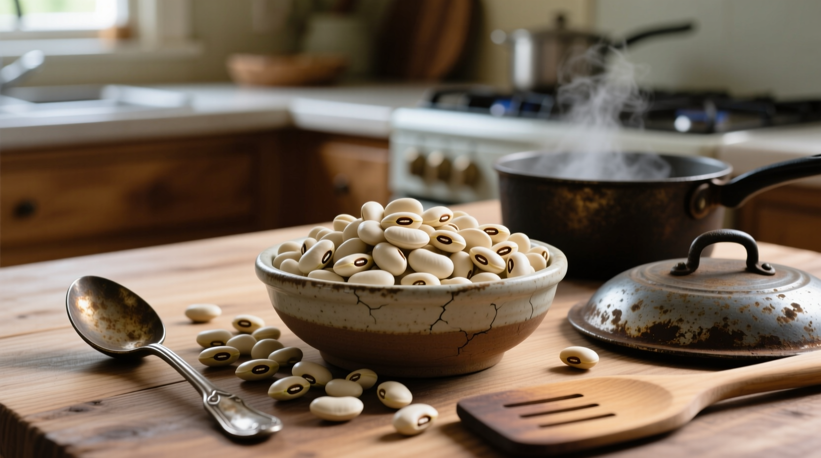 Dried lima beans in bowl with cooking utensils