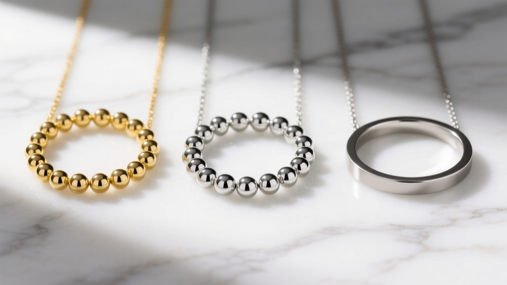 Three ball necklace chains laid side by side: yellow brass, rhodium-plated sterling silver, and matte titanium on white marble