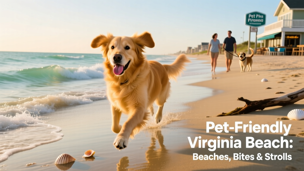 A happy dog running along the shoreline at Virginia Beach, waves gently lapping nearby