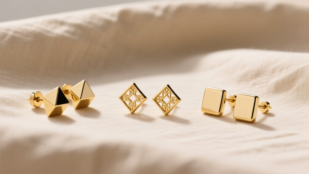Flat lay comparison of three pairs of minimalist gold stud earrings from different accessible luxury brands on a beige linen cloth.