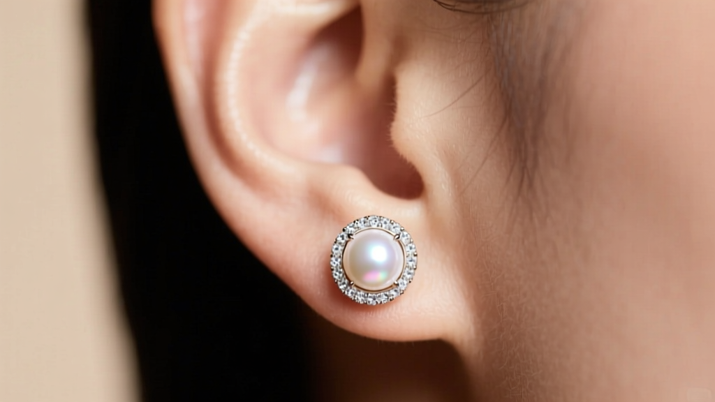 Close-up of an earlobe wearing a 12mm white South Sea pearl stud earring with a diamond halo, soft studio lighting, elegant mood.
