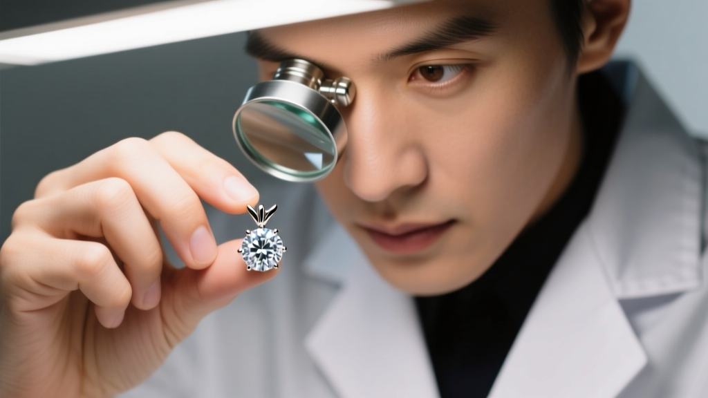 Jeweler using a 10x loupe to inspect four platinum prongs securing a one-carat round diamond pendant under bright bench lighting