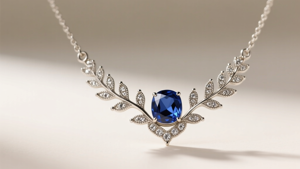 Edwardian platinum sapphire pendant necklace showcasing intricate milgrain detailing and a delicate garland motif under soft light.
