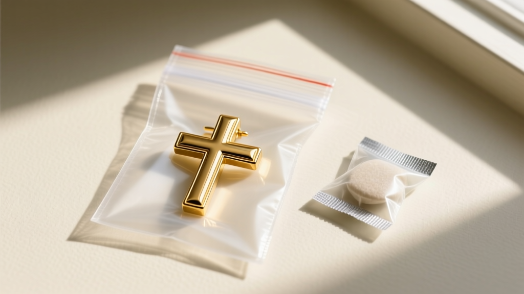 Flat lay of a polished 14k gold mens cross earring inside an anti-tarnish ziplock bag next to a small silica gel desiccant packet