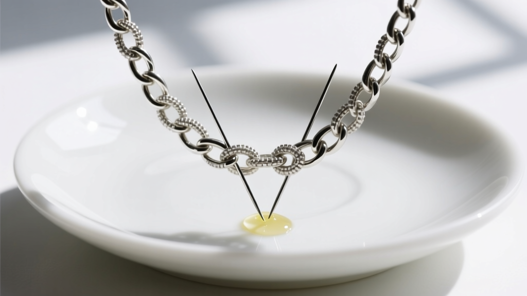 Two fine beading needles gently prying apart a knotted sterling silver box chain on a white ceramic dish with mineral oil.