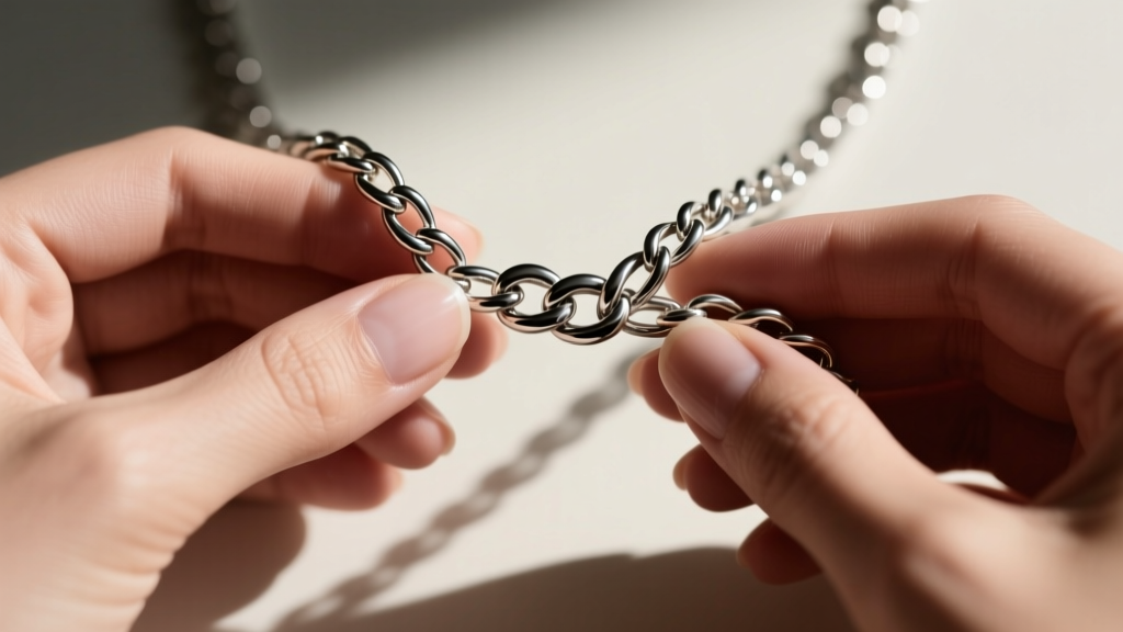 Close-up of hands tying a loose overhand knot in a 28-inch silver figaro chain necklace, showing the interlocking links clearly