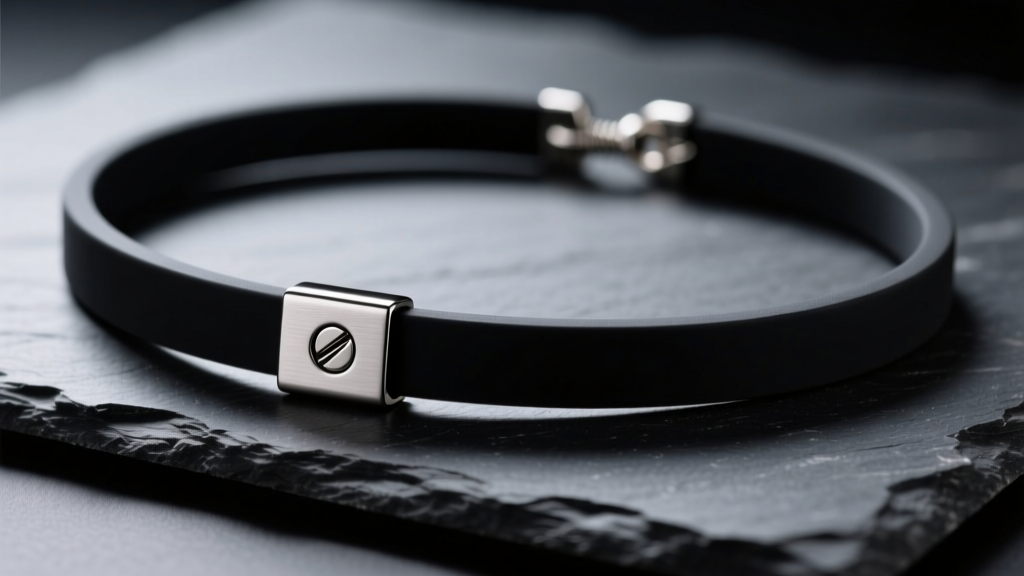 Black silicone rubber necklace with a brushed titanium screw clasp resting on dark slate under soft, moody studio lighting.
