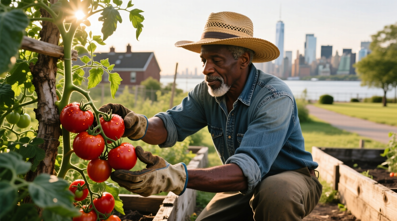 Staten Island gardener harvesting ripe tomatoes