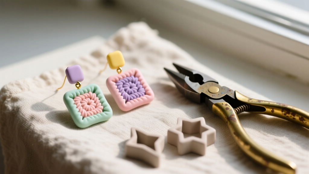 Pastel polymer clay granny square earrings on linen cloth beside brass pliers and small clay cutters in soft natural light.