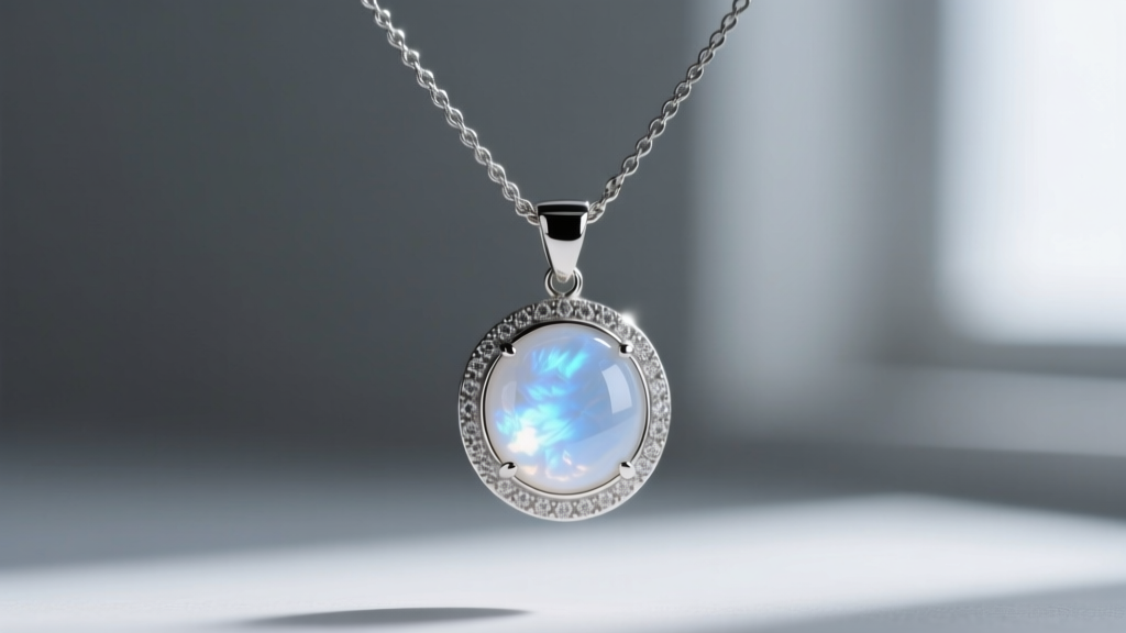 Macro shot of a bezel-set white moonstone pendant on a 1.2mm oxidized silver cable chain, soft blue adularescence visible