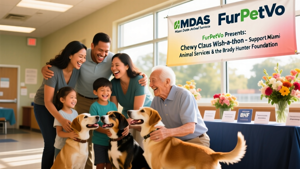 A joyful adoption event featuring families meeting dogs supported by MDAS and BHF, with FurPetVo branding visible on banners