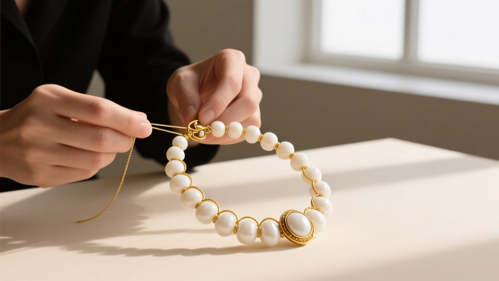 Jeweler restringing a vintage white coral necklace on ivory silk, showing a French wire guard protecting beads near the gold clasp