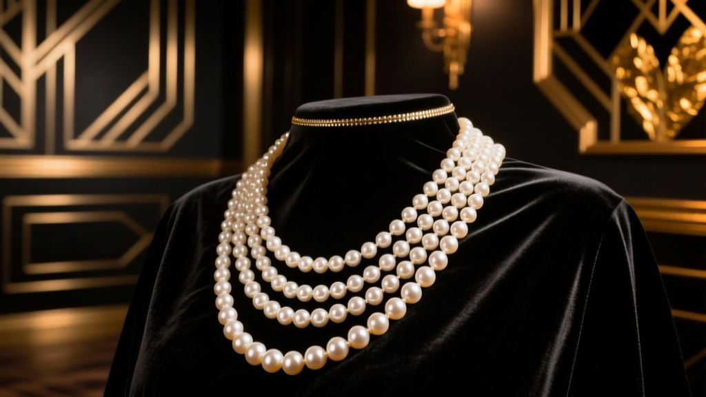 Vintage 1920s multi-strand pearl necklace draped over dark velvet, illuminated by soft, moody Art Deco lighting in a dim room