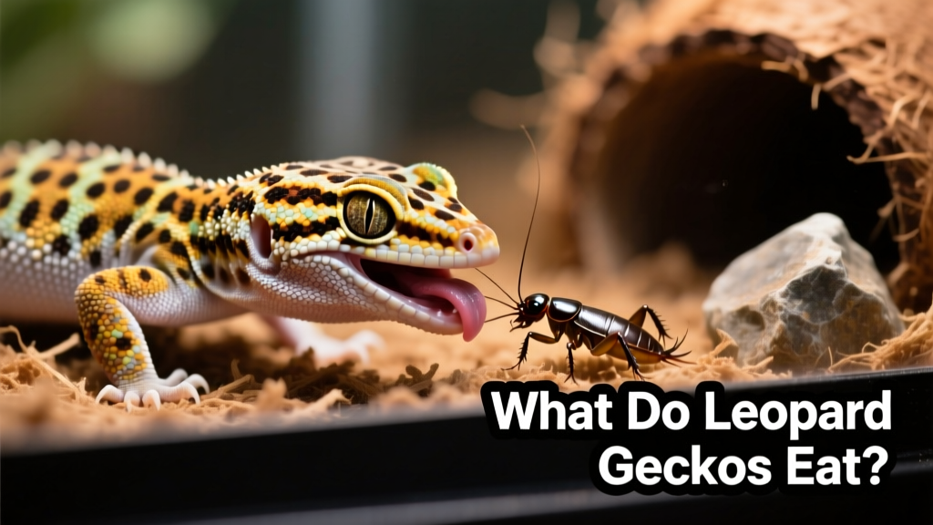 Close-up of a healthy adult leopard gecko eating a dubia roach in its enclosure