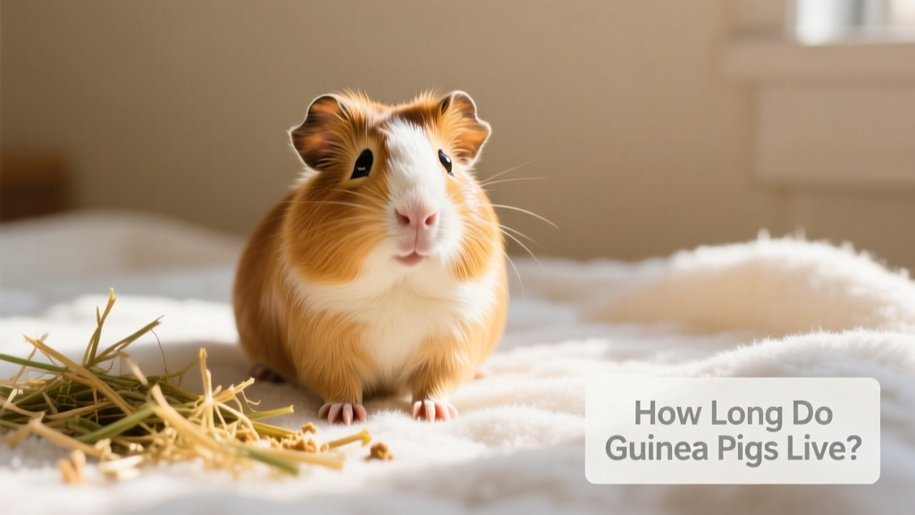A happy, healthy guinea pig sitting on clean fleece bedding with fresh hay nearby