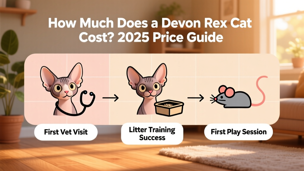Infographic-style layout showing key milestones: 'First Vet Visit', 'Litter Training Success', 'First Play Session'—with icons and friendly Devon Rex illustrations