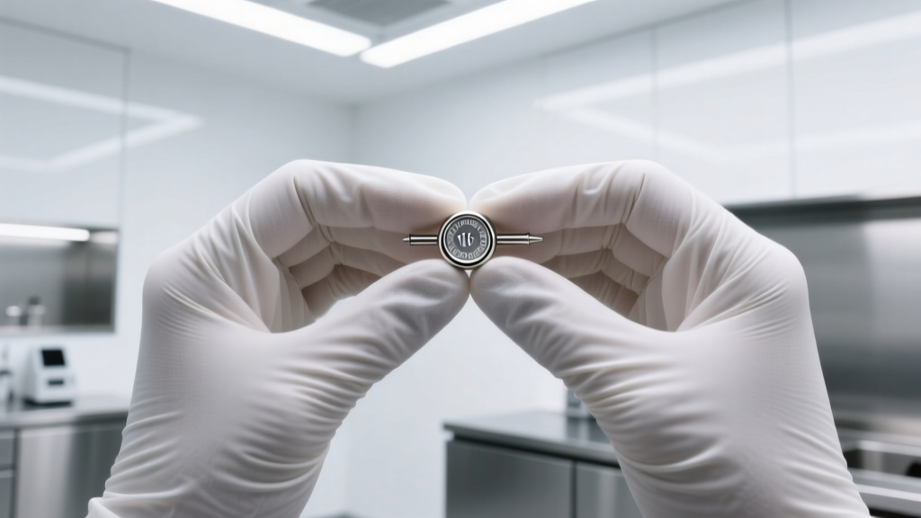 Gloved hands holding a sterilized 16-gauge titanium labret earring stud under bright clinical lighting in a modern piercing studio