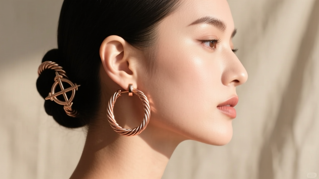 Side profile of a woman wearing 25mm rose gold cable hoop earrings, hair tucked back to showcase the nautical twist design.