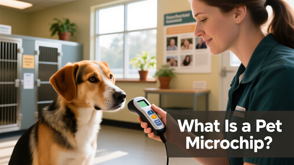 A shelter worker using a handheld microchip scanner on a calm dog at an adoption center